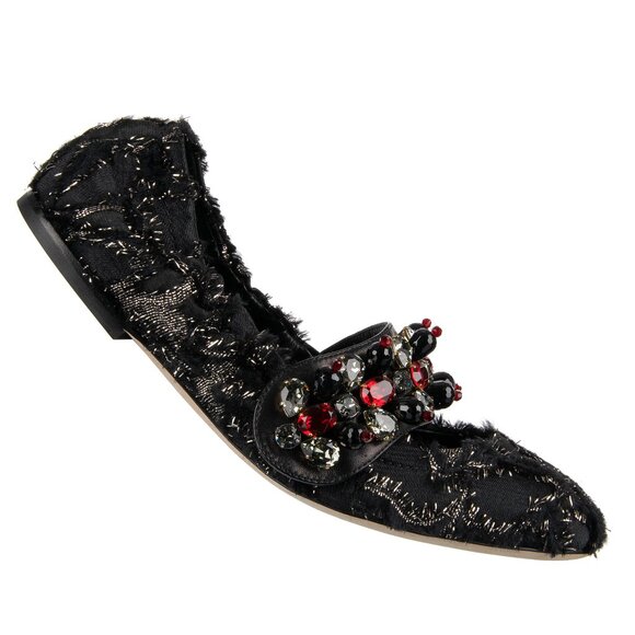 Dolce & Gabbana - Jacquard Crystal Brooch Strap Ballet Flats VALLY Black Red EUR - Picture 3 of 5